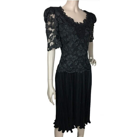 VTG 70s Barbara Chodos Michael Marcella Lace Puff Sleeve Pleat Skirt Midi Dress - Picture 2 of 10